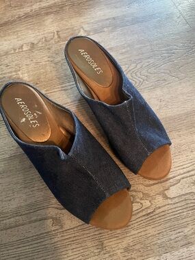 AEROSOLES Navy Denim Open-Toe Slip-On Mules